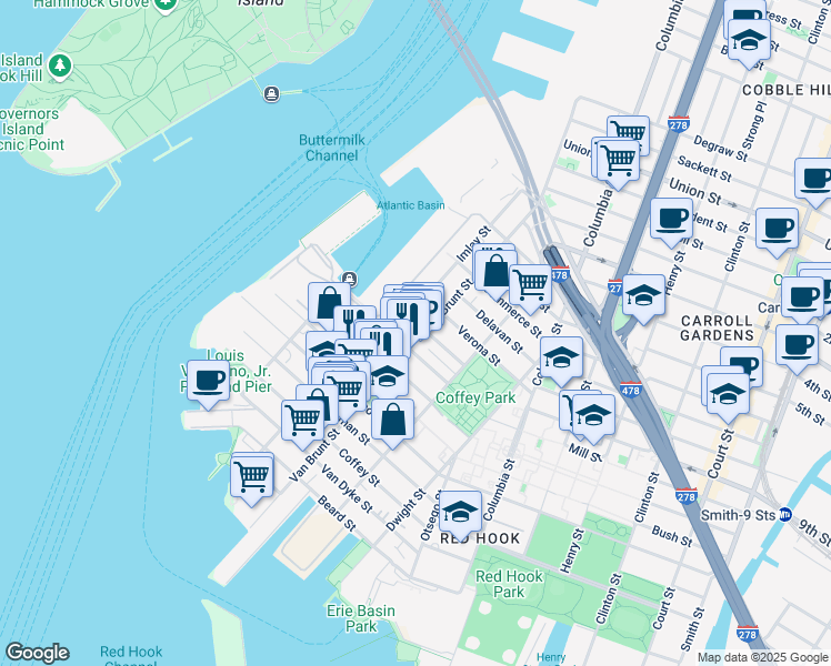 map of restaurants, bars, coffee shops, grocery stores, and more near 166 Imlay Street in Brooklyn