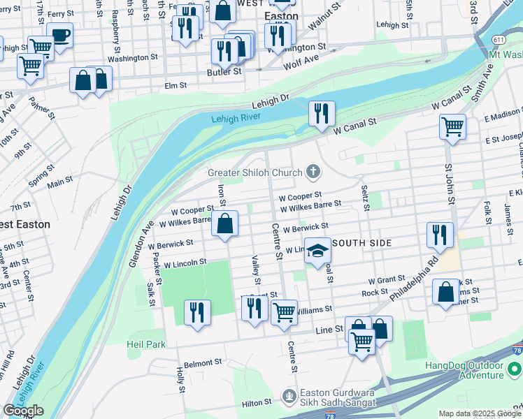 map of restaurants, bars, coffee shops, grocery stores, and more near 723 West Wilkes Barre Street in Easton