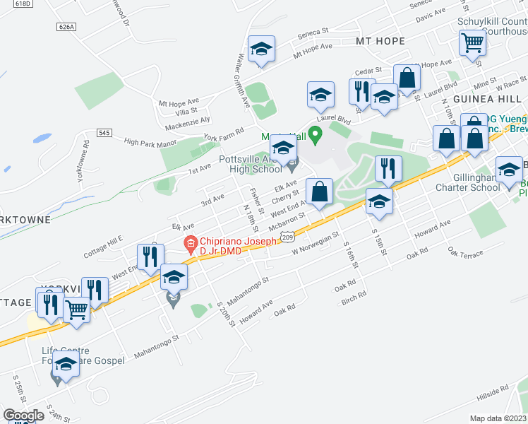 map of restaurants, bars, coffee shops, grocery stores, and more near 1746 West End Avenue in Pottsville