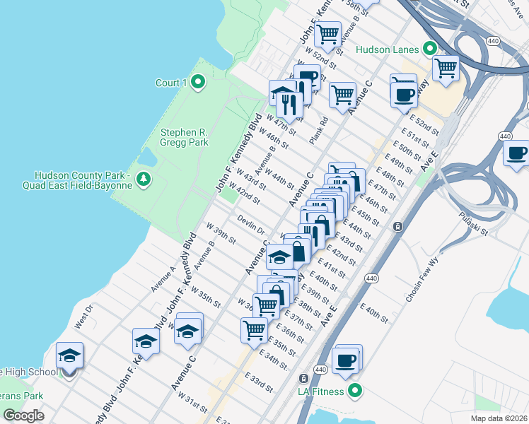 map of restaurants, bars, coffee shops, grocery stores, and more near 102 West 42nd Street in Bayonne