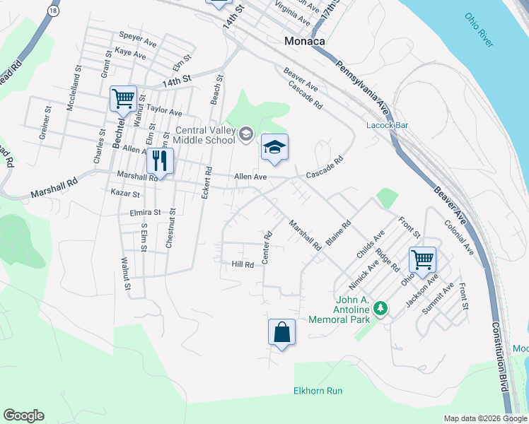 map of restaurants, bars, coffee shops, grocery stores, and more near 1900 Marshall Road in Monaca