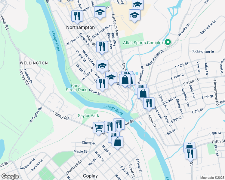 map of restaurants, bars, coffee shops, grocery stores, and more near 1286 Newport Avenue in Northampton