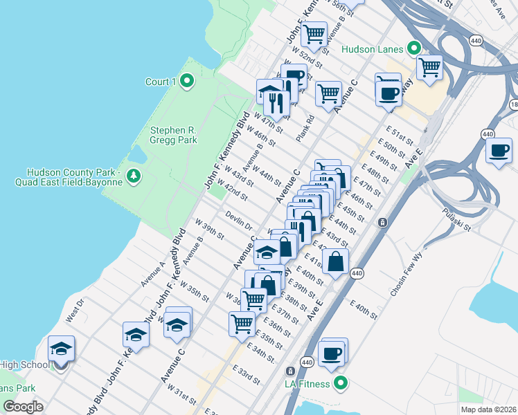 map of restaurants, bars, coffee shops, grocery stores, and more near 74-76 East 43rd Street in Bayonne
