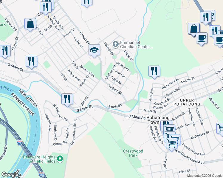 map of restaurants, bars, coffee shops, grocery stores, and more near 1051 Logan Street in Phillipsburg
