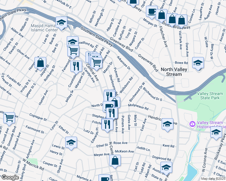 map of restaurants, bars, coffee shops, grocery stores, and more near 1610 Sherbourne Road in Valley Stream