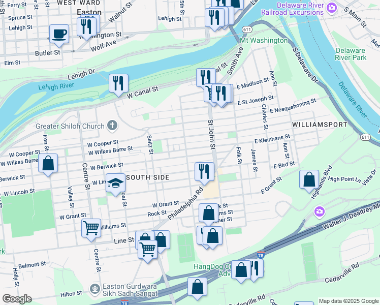 map of restaurants, bars, coffee shops, grocery stores, and more near 247 West Kleinhans Street in Easton