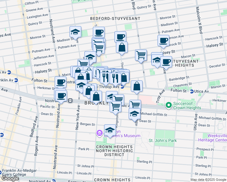 map of restaurants, bars, coffee shops, grocery stores, and more near 1471 Fulton Street in Brooklyn
