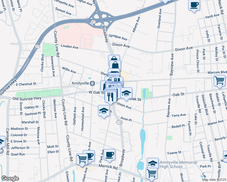 map of restaurants, bars, coffee shops, grocery stores, and more near 231 Broadway in Amityville