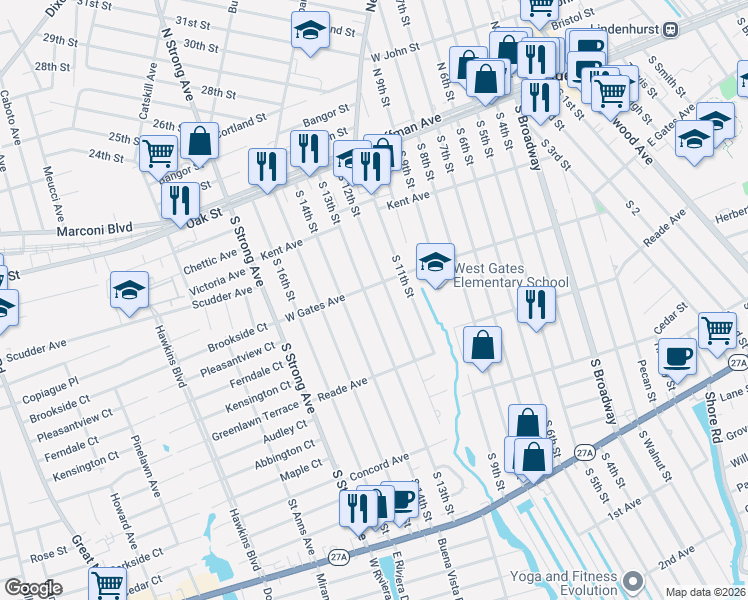 map of restaurants, bars, coffee shops, grocery stores, and more near 253 West Gates Avenue in Lindenhurst