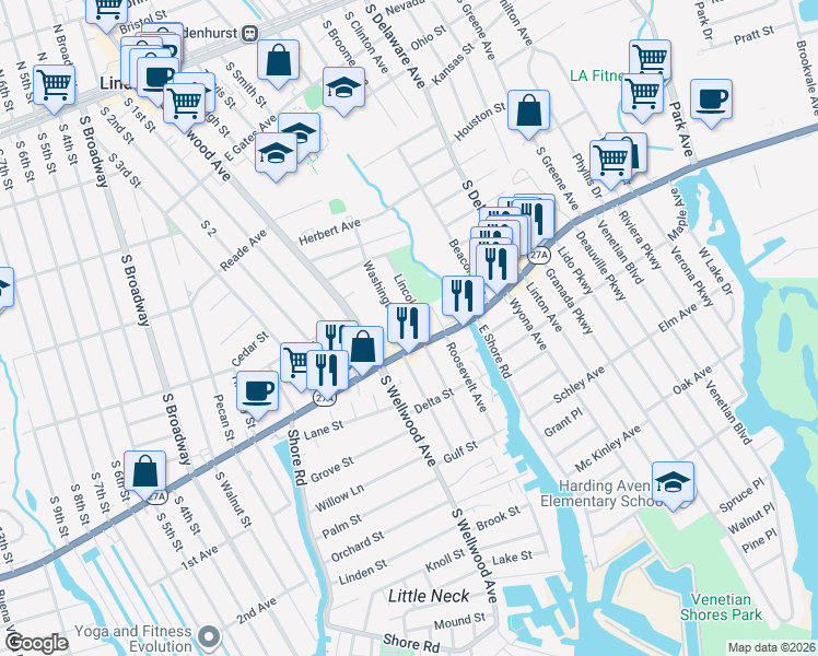 map of restaurants, bars, coffee shops, grocery stores, and more near 564 Washington Avenue in Lindenhurst