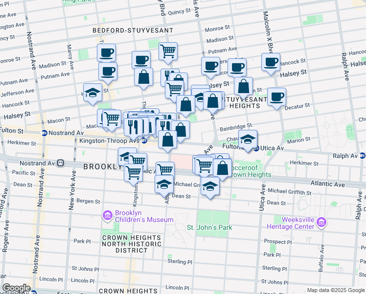 map of restaurants, bars, coffee shops, grocery stores, and more near 1583 Fulton Street in Brooklyn