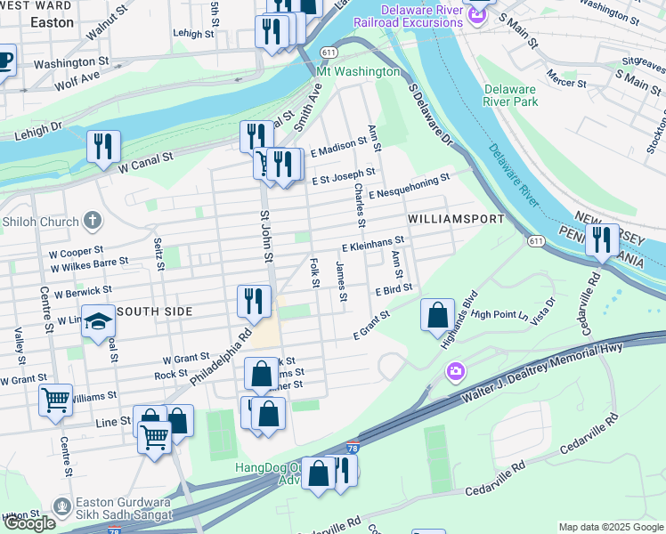 map of restaurants, bars, coffee shops, grocery stores, and more near 511 James Street in Easton