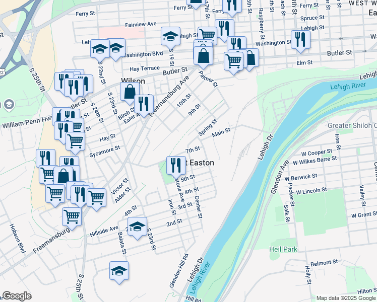 map of restaurants, bars, coffee shops, grocery stores, and more near North 7th Street in Easton