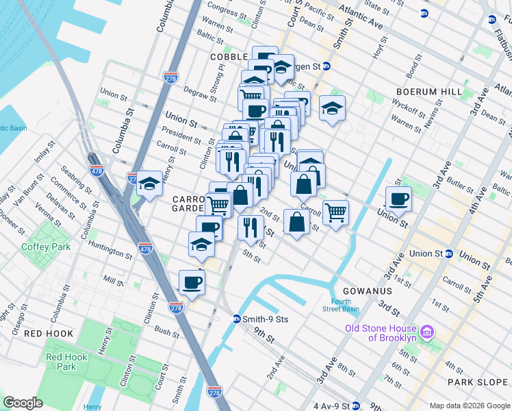 map of restaurants, bars, coffee shops, grocery stores, and more near 1 2nd Street in Brooklyn