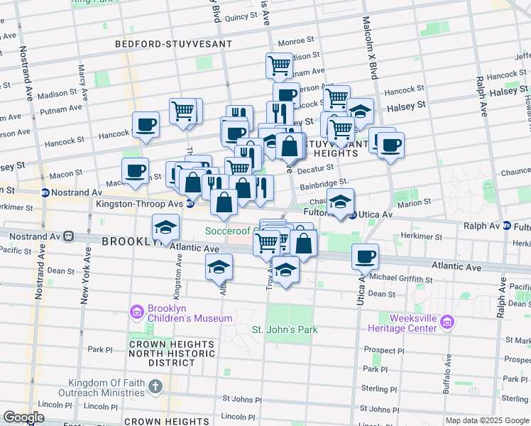 map of restaurants, bars, coffee shops, grocery stores, and more near 1625 Fulton Street in Brooklyn