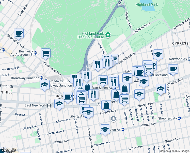 map of restaurants, bars, coffee shops, grocery stores, and more near 137 Jamaica Avenue in Brooklyn