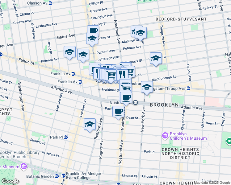 map of restaurants, bars, coffee shops, grocery stores, and more near 78 Herkimer Street in Brooklyn