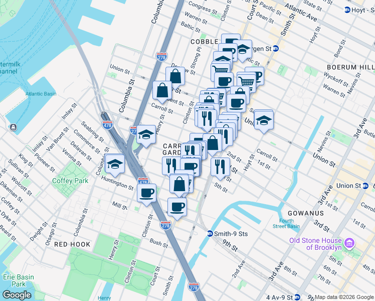 map of restaurants, bars, coffee shops, grocery stores, and more near 80 2nd Place in Brooklyn