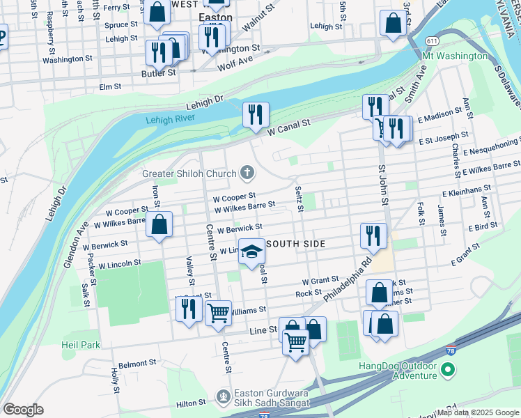 map of restaurants, bars, coffee shops, grocery stores, and more near 486 West Wilkes Barre Street in Easton