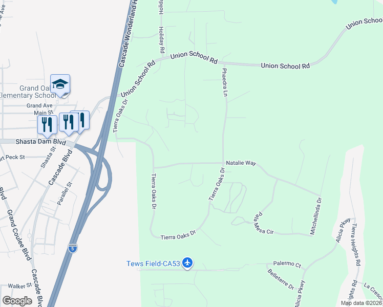 map of restaurants, bars, coffee shops, grocery stores, and more near 19340 Natalie Way in Redding