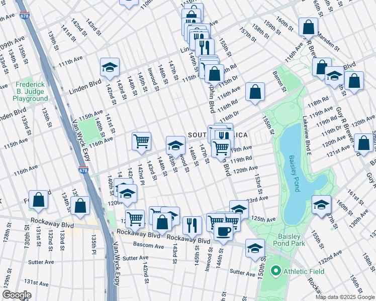 map of restaurants, bars, coffee shops, grocery stores, and more near 146-14 Foch Boulevard in Queens