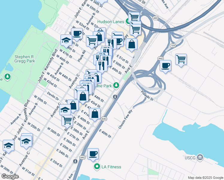 map of restaurants, bars, coffee shops, grocery stores, and more near 55 East Grand Street in Bayonne