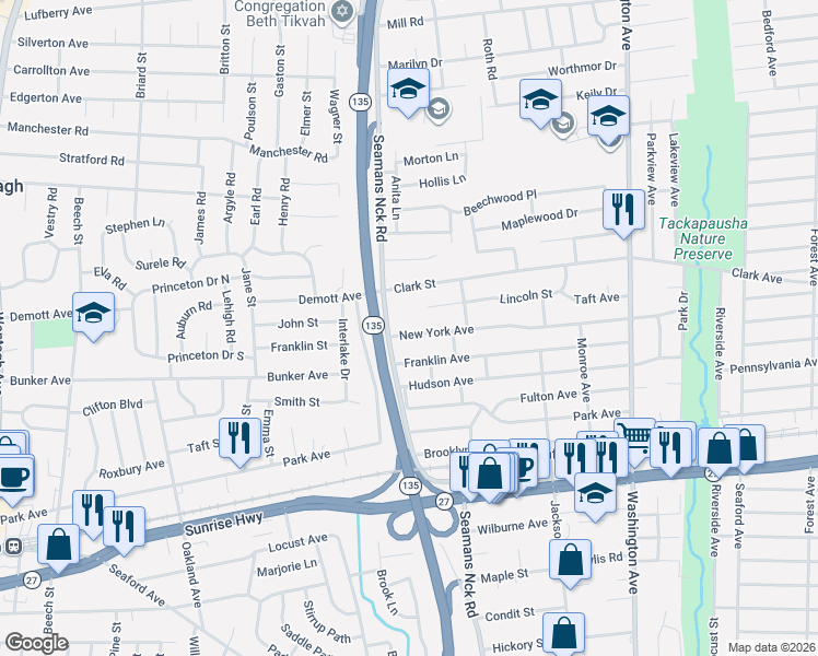 map of restaurants, bars, coffee shops, grocery stores, and more near 1743 Seamans Neck Road in Seaford