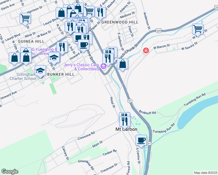 map of restaurants, bars, coffee shops, grocery stores, and more near 513 South Centre Street in Pottsville