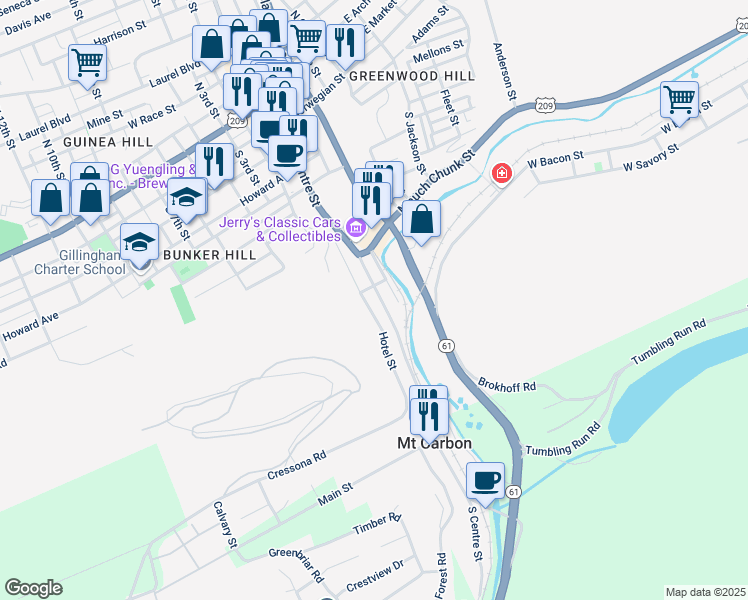 map of restaurants, bars, coffee shops, grocery stores, and more near 513 South Centre Street in Pottsville
