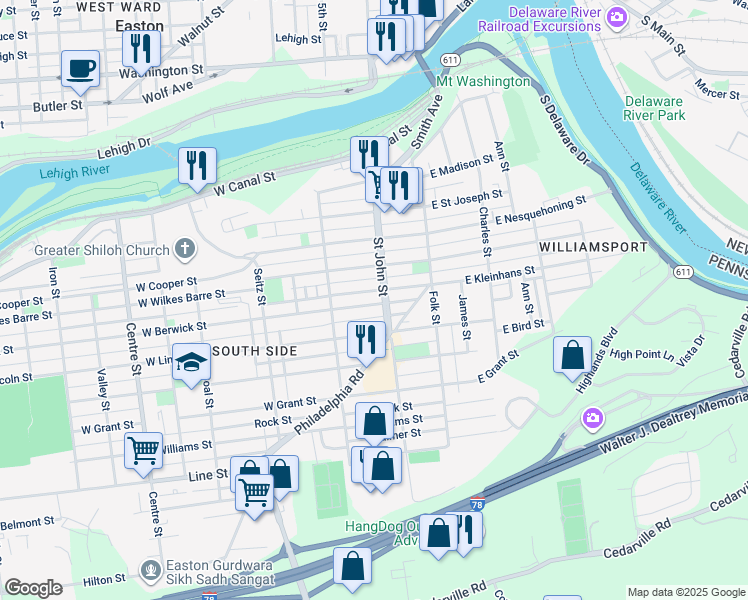 map of restaurants, bars, coffee shops, grocery stores, and more near 219 West Berwick Street in Easton