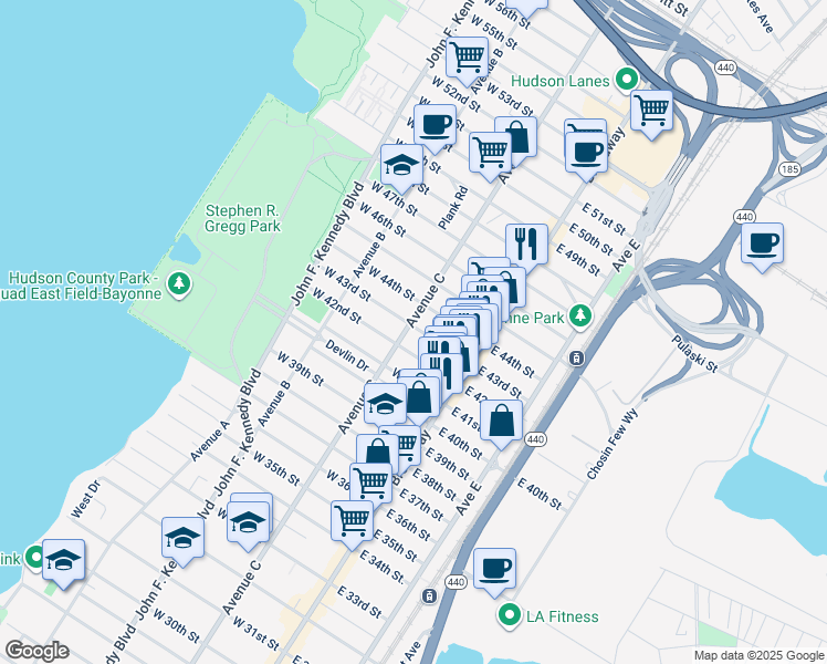map of restaurants, bars, coffee shops, grocery stores, and more near 930 Avenue C in Bayonne
