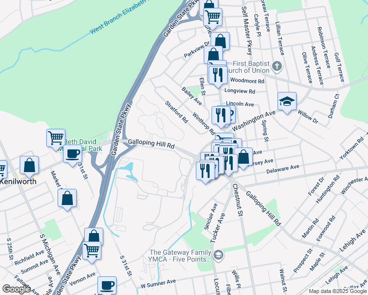 map of restaurants, bars, coffee shops, grocery stores, and more near 2097 Galloping Hill Road in Union