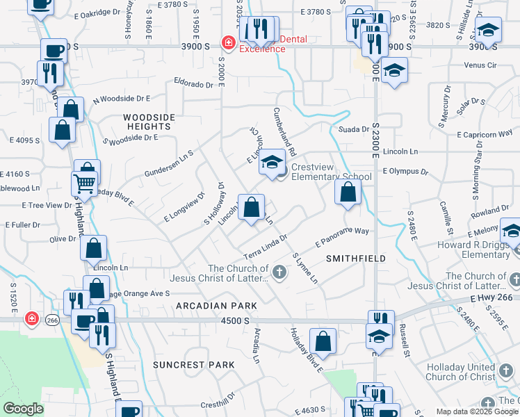 map of restaurants, bars, coffee shops, grocery stores, and more near 4217 Lincoln Pines Court in Holladay