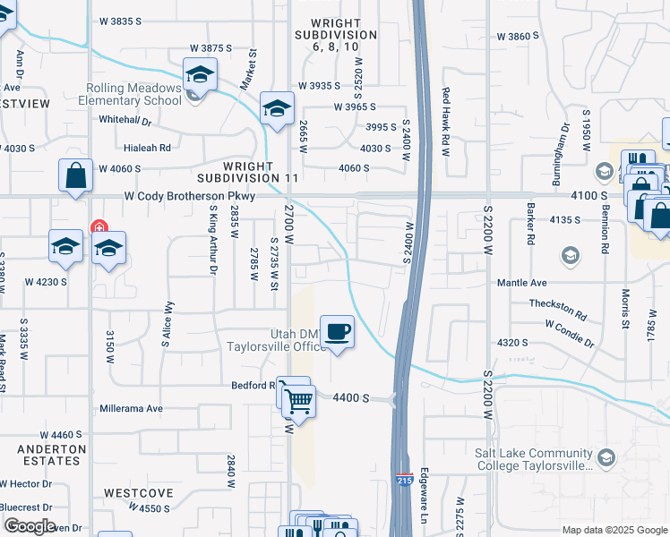 map of restaurants, bars, coffee shops, grocery stores, and more near 4181 Village Lane in West Valley City