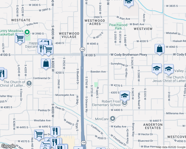 map of restaurants, bars, coffee shops, grocery stores, and more near 3700 Bawden Avenue in Salt Lake City
