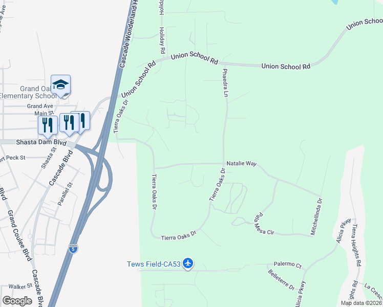 map of restaurants, bars, coffee shops, grocery stores, and more near 19340 Natalie Way in Redding