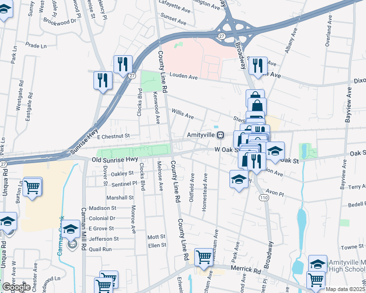 map of restaurants, bars, coffee shops, grocery stores, and more near 38 William Street in Amityville