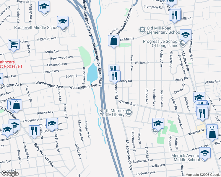 map of restaurants, bars, coffee shops, grocery stores, and more near 1558 Meadowbrook Road in Merrick
