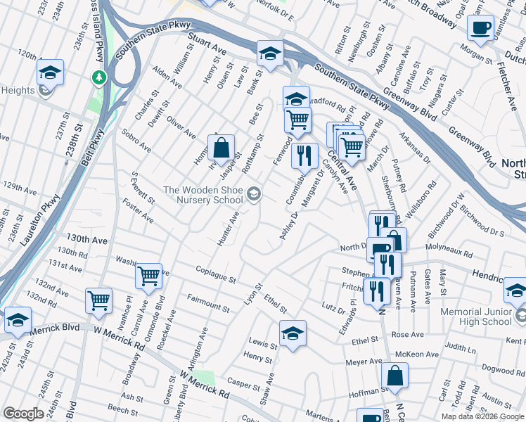 map of restaurants, bars, coffee shops, grocery stores, and more near 1049 Hunter Avenue in Valley Stream