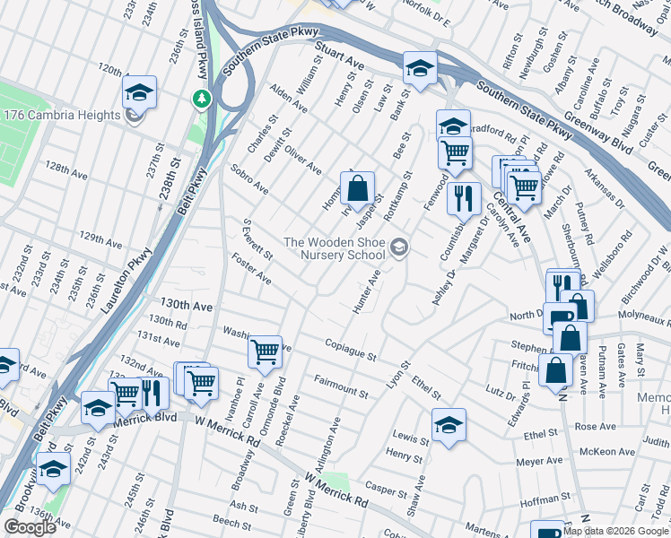 map of restaurants, bars, coffee shops, grocery stores, and more near 1 Jasper Street South in Valley Stream