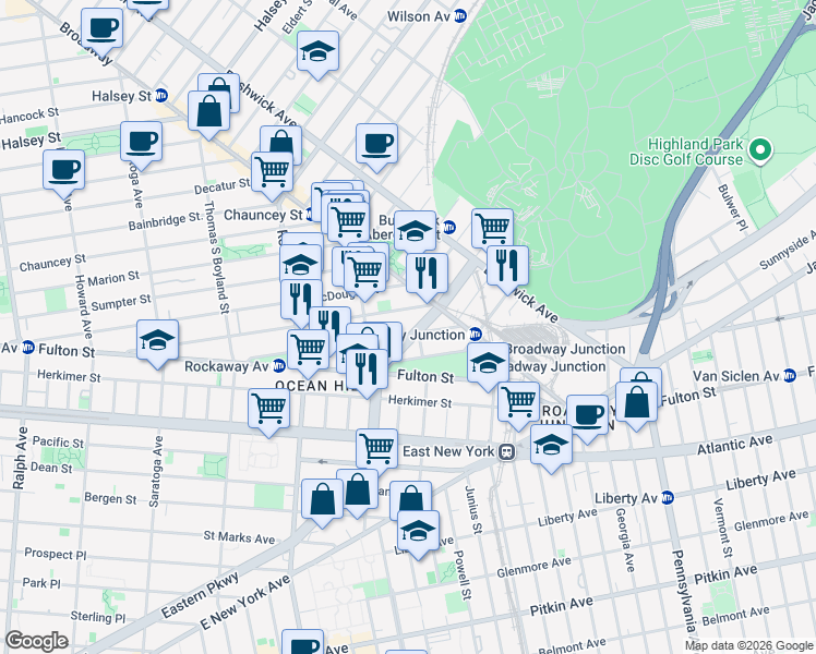 map of restaurants, bars, coffee shops, grocery stores, and more near 230 Hull Street in Brooklyn