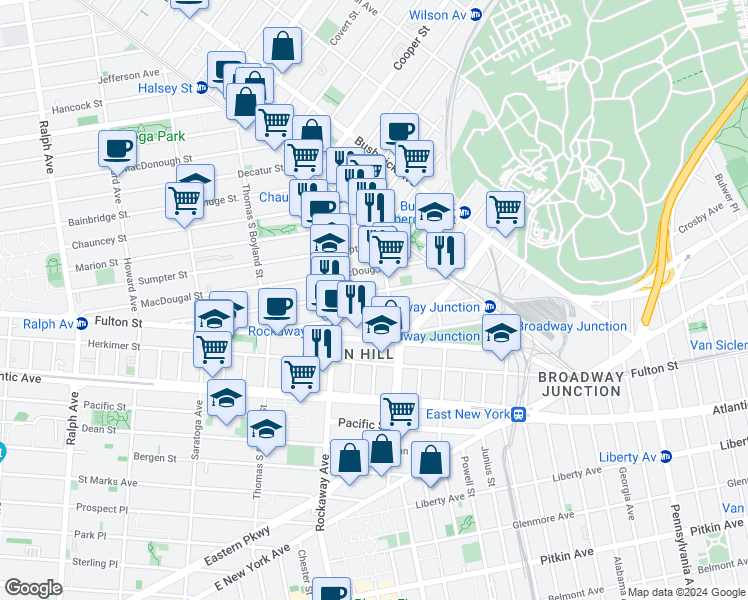 map of restaurants, bars, coffee shops, grocery stores, and more near 183 Hull Street in Brooklyn