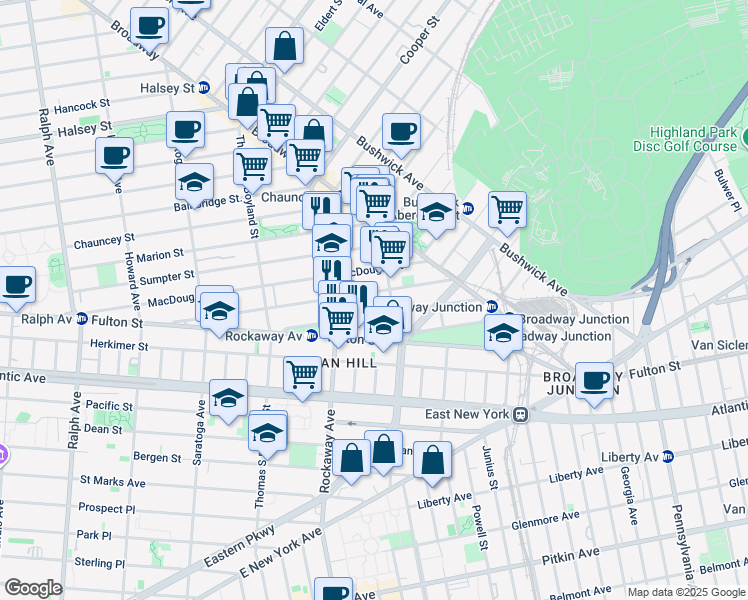 map of restaurants, bars, coffee shops, grocery stores, and more near 183 Hull Street in Brooklyn