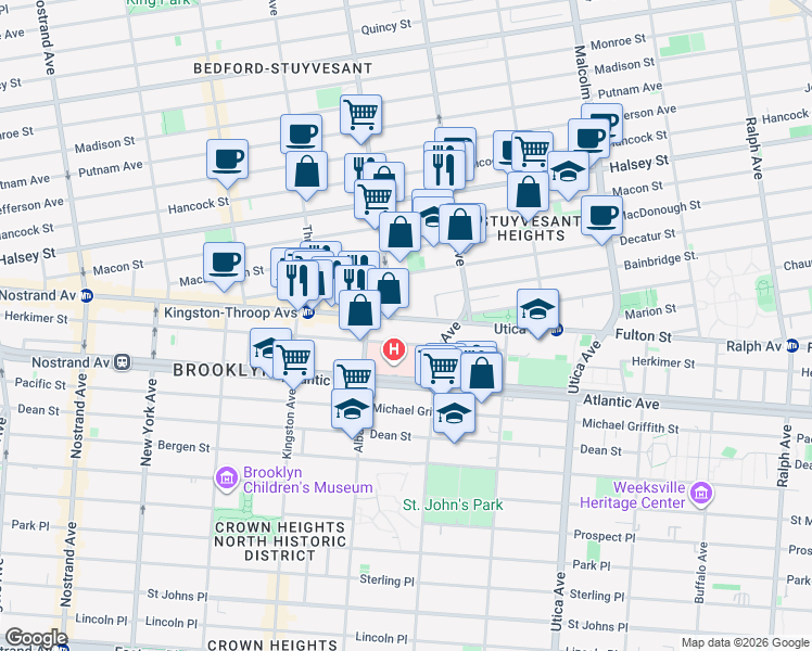 map of restaurants, bars, coffee shops, grocery stores, and more near 1625 Fulton Street in Brooklyn