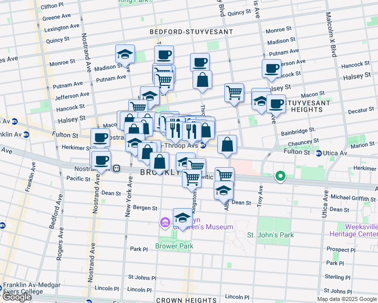 map of restaurants, bars, coffee shops, grocery stores, and more near 1471 Fulton Street in Brooklyn