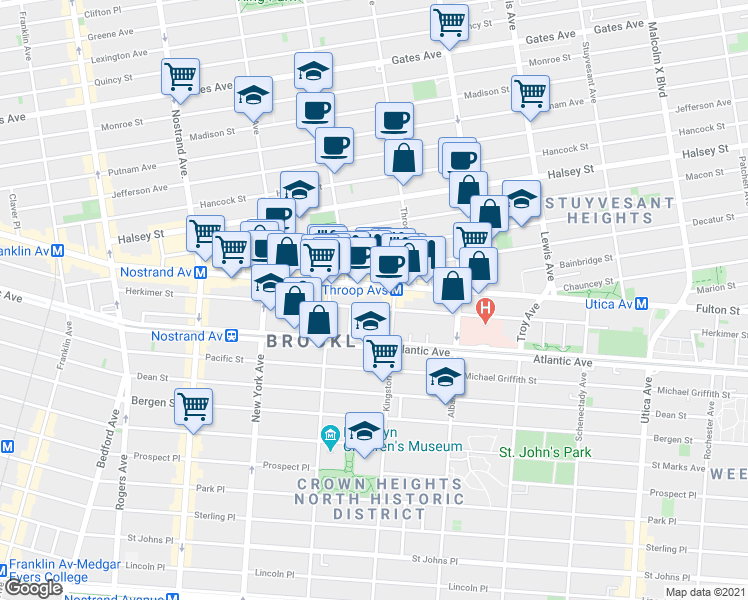map of restaurants, bars, coffee shops, grocery stores, and more near 1471 Fulton Street in Brooklyn