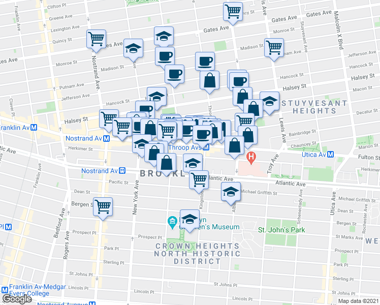 map of restaurants, bars, coffee shops, grocery stores, and more near 1471 Fulton Street in Brooklyn