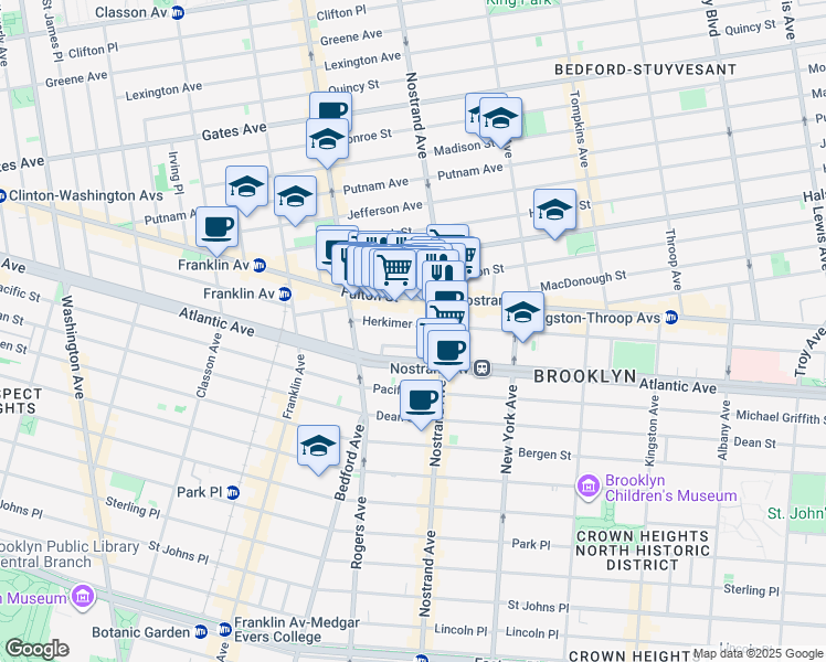 map of restaurants, bars, coffee shops, grocery stores, and more near 53 Herkimer Street in Brooklyn