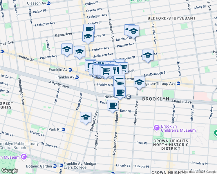 map of restaurants, bars, coffee shops, grocery stores, and more near 53 Herkimer Street in Brooklyn