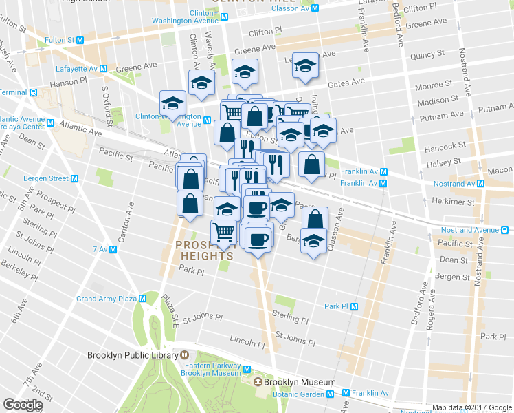 map of restaurants, bars, coffee shops, grocery stores, and more near 599 Washington Avenue in Brooklyn